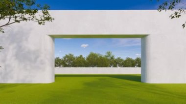 Girişim kapıları mimarisi ve doğa bulutu görünümü arkaplanı zaman aşımı, 3D görüntüleme