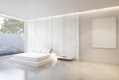 Yatak odasının iç kısmı beyaz bir taban tonuyla. 3B illüstrasyon oluşturucu