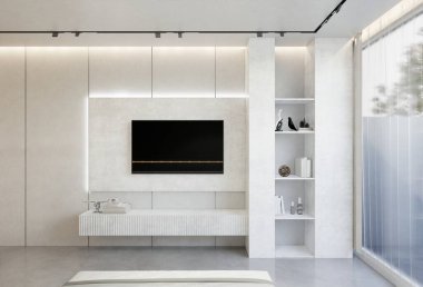 Yatak odasının iç kısmı beyaz bir taban tonuyla. 3B illüstrasyon oluşturucu