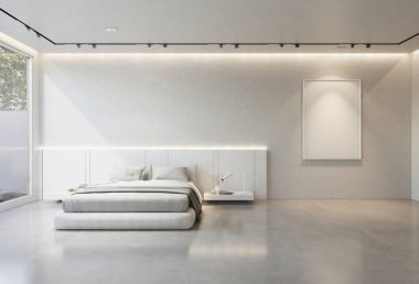 Yatak odasının iç kısmı beyaz bir taban tonuyla. 3B illüstrasyon oluşturucu