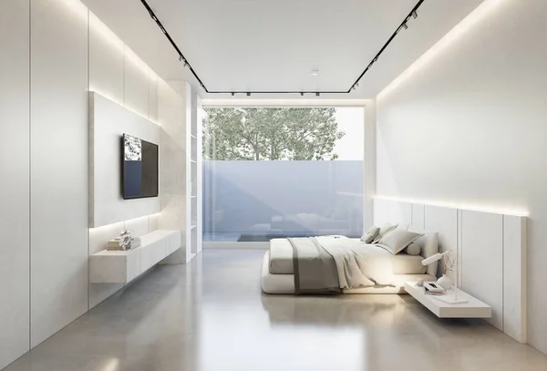 Minimaler Innenraum Des Schlafzimmers Mit Weißem Grundton Illustrationsrenderer — Stockfoto