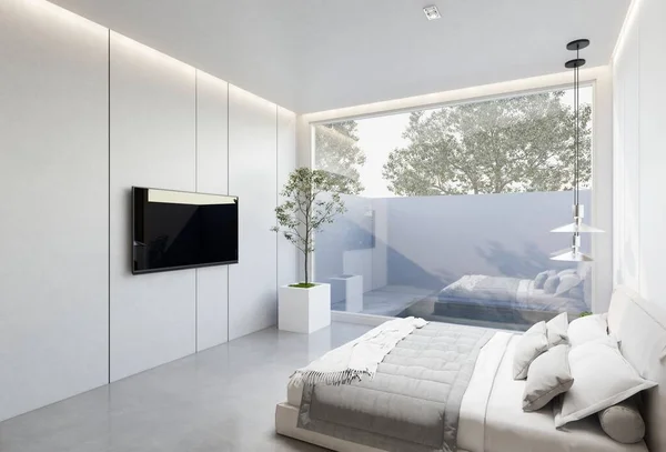 Minimaler Innenraum Des Schlafzimmers Mit Weißem Grundton Illustrationsrenderer — Stockfoto