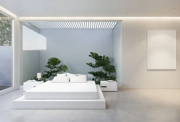 Minimalista Interior Del Dormitorio Con Tono Base Blanco Renderizado Ilustración —  Fotos de Stock