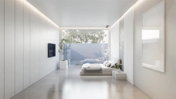Animación Mínima Interior Del Dormitorio Con Tono Base Blanco Renderizado — Vídeos de Stock