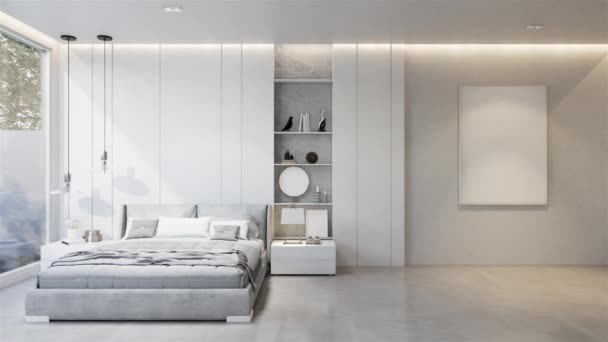 Animación Mínima Interior Del Dormitorio Con Tono Base Blanco Renderizado — Vídeos de Stock
