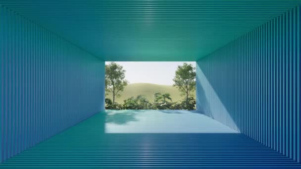 自然の景色を望むカラフルな抽象的な廊下 3Dレンダリング — ストック動画
