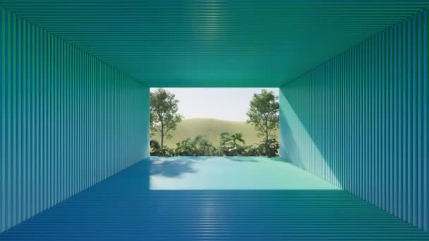 自然の景色を望むカラフルな抽象的な廊下 3Dレンダリング — ストック動画