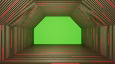 Soyut koridor altıgen floresan lamba ahşap zemin yeşil ekran 3D görüntüleme
