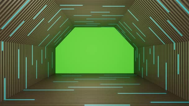 アブストラクト通路六角形蛍光灯木製の背景と緑の画面3Dレンダリング — ストック動画