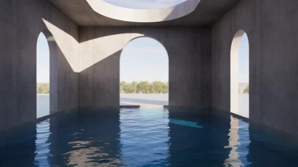 具有拱门和自然云视图背景的室内池结构 带有时滞 图3D渲染 — 图库视频影像