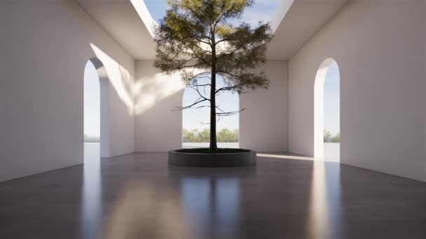 Arquitetura Árvore Interior Com Arcos Naturais Vista Nuvem Fundo Piso — Vídeo de Stock