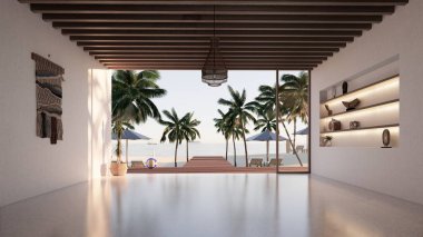 Plaj manzaralı bir yazlık villa, 3 boyutlu resimli.