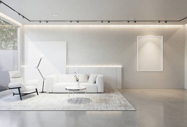 Oturma odasının iç kısmının animasyonu, beyaz bir taban tonuyla. 3B illüstrasyon oluşturucu