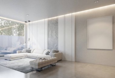 Oturma odasının iç kısmının animasyonu, beyaz bir taban tonuyla. 3B illüstrasyon oluşturucu