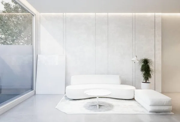 Animación Mínima Interior Sala Estar Con Tono Base Blanco Renderizado — Foto de Stock