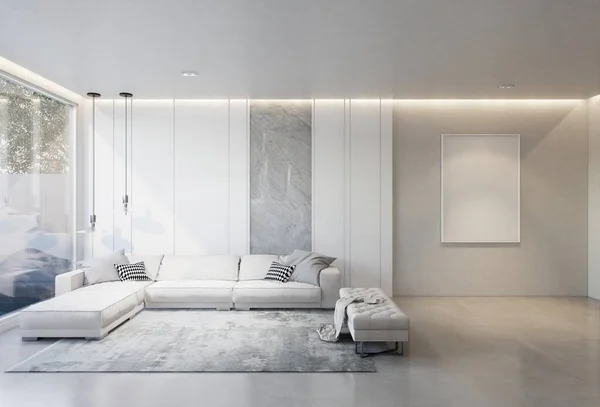 Animation minimal interior of the living room with a white base tone. 3D illustration render