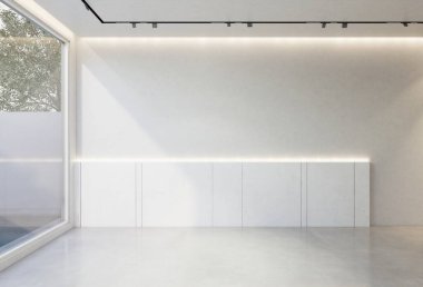 Beyaz taban tonu olan boş odanın içi çok az. 3B illüstrasyon oluşturucu