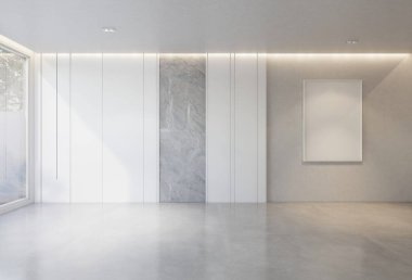 Beyaz taban tonu olan boş odanın içi çok az. 3B illüstrasyon oluşturucu