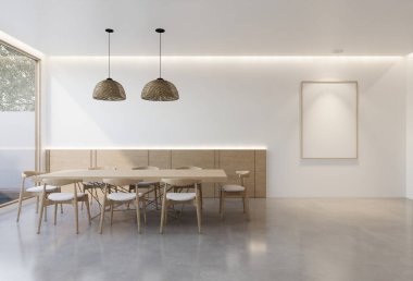 Oturma odasının iç kısmı beyaz bir taban tonuyla. 3B illüstrasyon oluşturucu