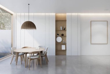 Oturma odasının iç kısmı beyaz bir taban tonuyla. 3B illüstrasyon oluşturucu