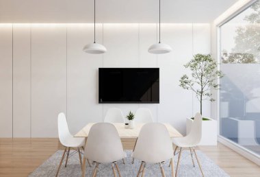 Oturma odasının iç kısmı beyaz bir taban tonuyla. 3B illüstrasyon oluşturucu