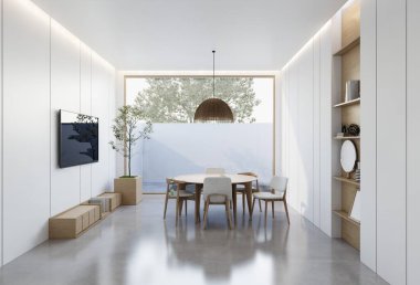 Oturma odasının iç kısmı beyaz bir taban tonuyla. 3B illüstrasyon oluşturucu