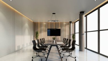 Modern konferans iç mekan ve ekranlar duvarda. İş yeri ve girişim kavramı. 3d Resim Hazırlama