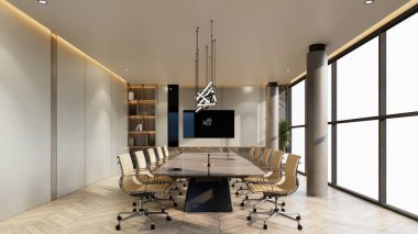 Modern konferans iç mekan ve ekranlar duvarda. İş yeri ve girişim kavramı. 3d Resim Hazırlama