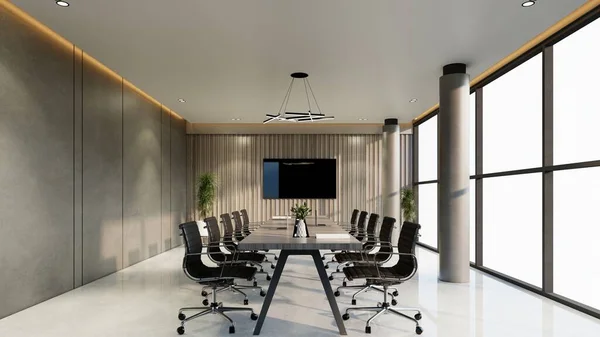 Modern conference interior and screens on the wall. The concept of workplace and enterprise. 3d Rendering illustration