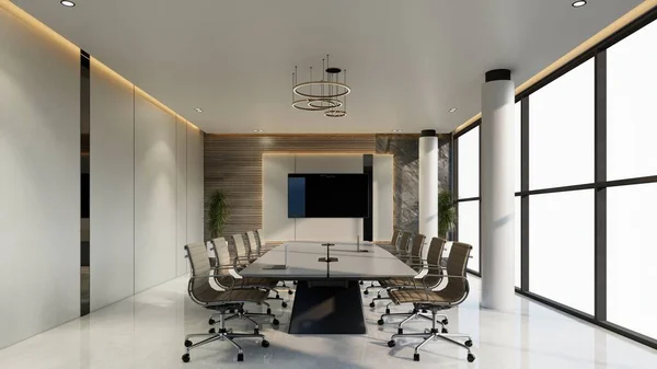 Modern conference interior and screens on the wall. The concept of workplace and enterprise. 3d Rendering illustration