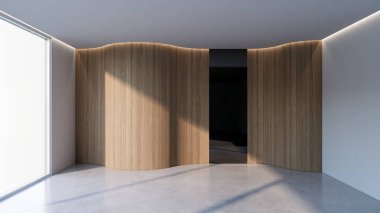 Dikey tahta çıtası olan modern boş bir oda. 3d illüstrasyon oluşturucu