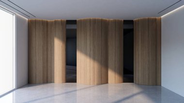 Dikey tahta çıtası olan modern boş bir oda. 3d illüstrasyon oluşturucu