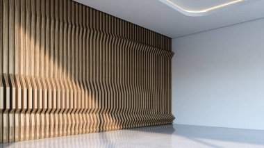 Dikey tahta çıtası olan modern boş bir oda. 3d illüstrasyon oluşturucu