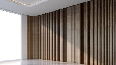 Dikey tahta çıtası olan modern boş bir oda. 3d illüstrasyon oluşturucu
