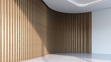 Dikey tahta çıtası olan modern boş bir oda. 3d illüstrasyon oluşturucu