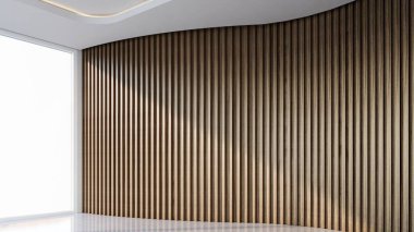 Dikey tahta çıtası olan modern boş bir oda. 3d illüstrasyon oluşturucu