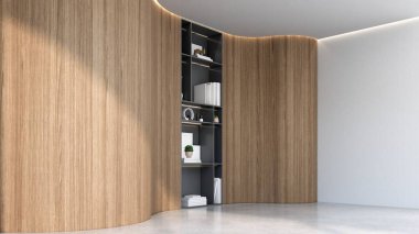 Dikey tahta çıtası olan modern boş bir oda. 3d illüstrasyon oluşturucu