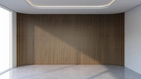 Dikey tahta çıtası olan modern boş bir oda. 3d illüstrasyon oluşturucu