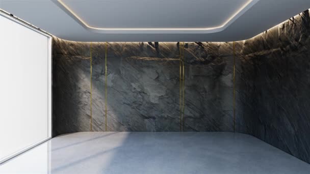 动画空房间现代简约主义建筑 石头背景 弯曲房间 石头纹理墙 3D插图渲染 — 图库视频影像