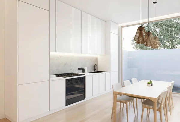 最小的白色厨房和餐桌 3D插图渲染 — 图库照片