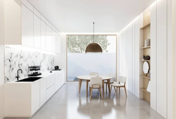 最小的白色厨房和餐桌 3D插图渲染 — 图库照片