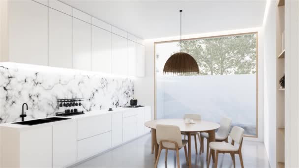 动画最小的白色厨房和餐桌 3D插图渲染 — 图库视频影像