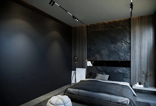 卧室的内部是最小的与黑色基音 3D插图渲染 — 图库照片