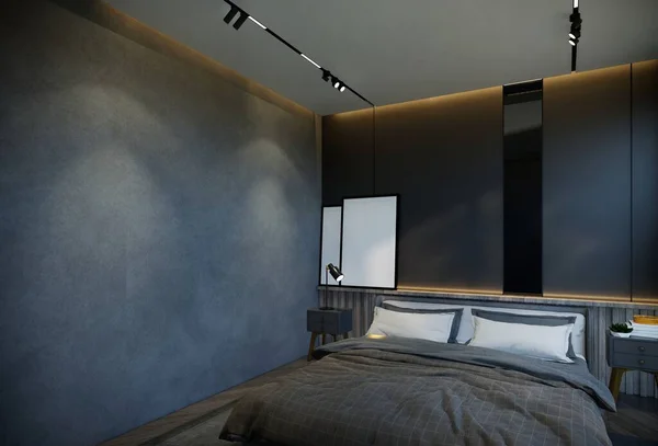 Interior Del Dormitorio Mínimo Con Tonos Base Negro Visualización Ilustración — Foto de Stock