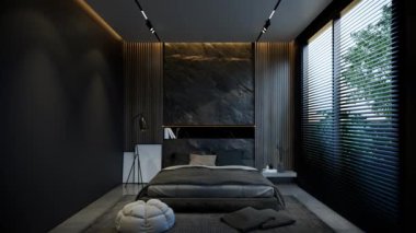 Yatak odasının iç animasyonu, siyah baz tonlarıyla minimum düzeyde. 3B illüstrasyon oluşturma