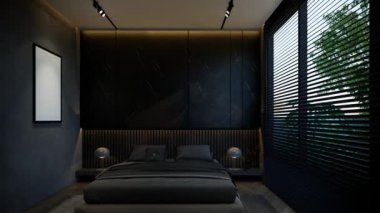 Yatak odasının iç animasyonu, siyah baz tonlarıyla minimum düzeyde. 3B illüstrasyon oluşturma