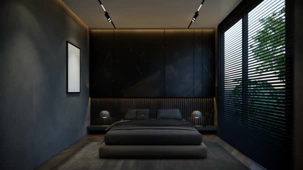Animación Interior Del Dormitorio Mínima Con Tonos Base Negros Visualización — Vídeos de Stock