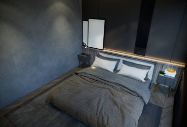 Yatak odasının iç kısımları, siyah baz tonlarıyla çok az. 3B illüstrasyon oluşturma