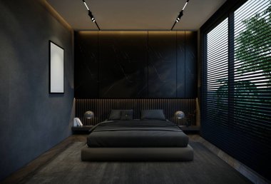 Yatak odasının iç kısımları, siyah baz tonlarıyla çok az. 3B illüstrasyon oluşturma