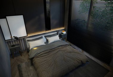 Yatak odasının iç kısımları, siyah baz tonlarıyla çok az. 3B illüstrasyon oluşturma